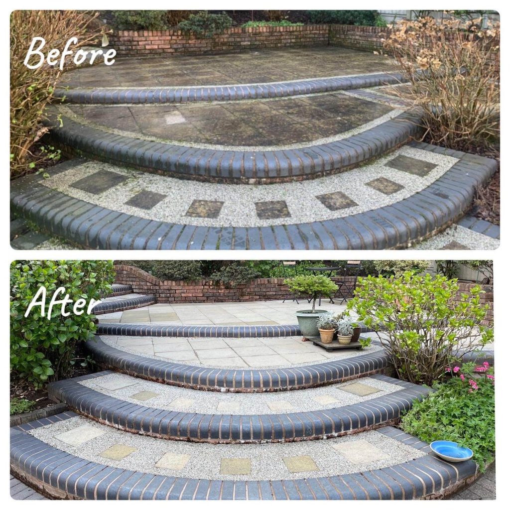 Before and after picture of cleaned patio